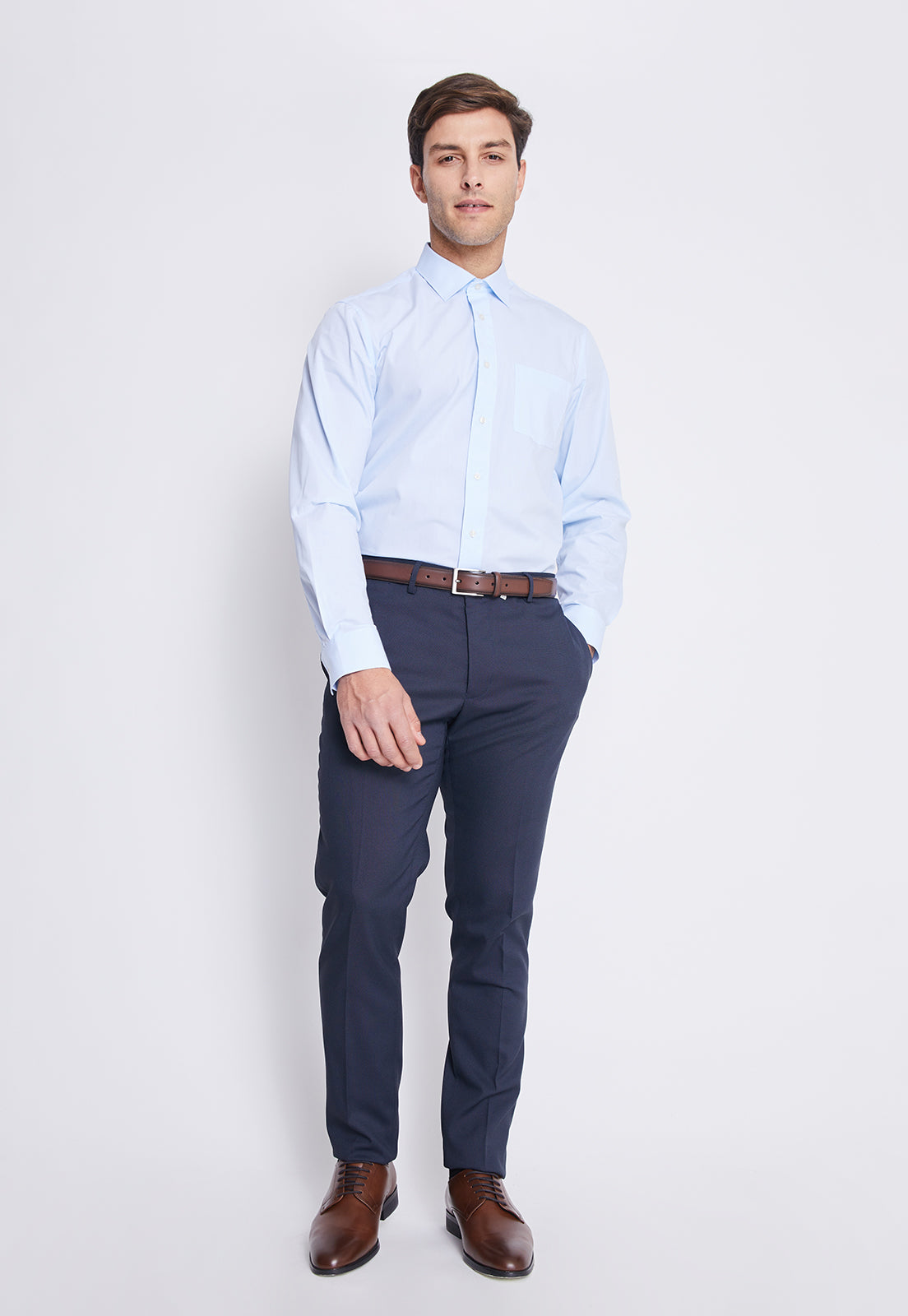 Camisa Formal Básica Lisa Regular Poplin Celeste